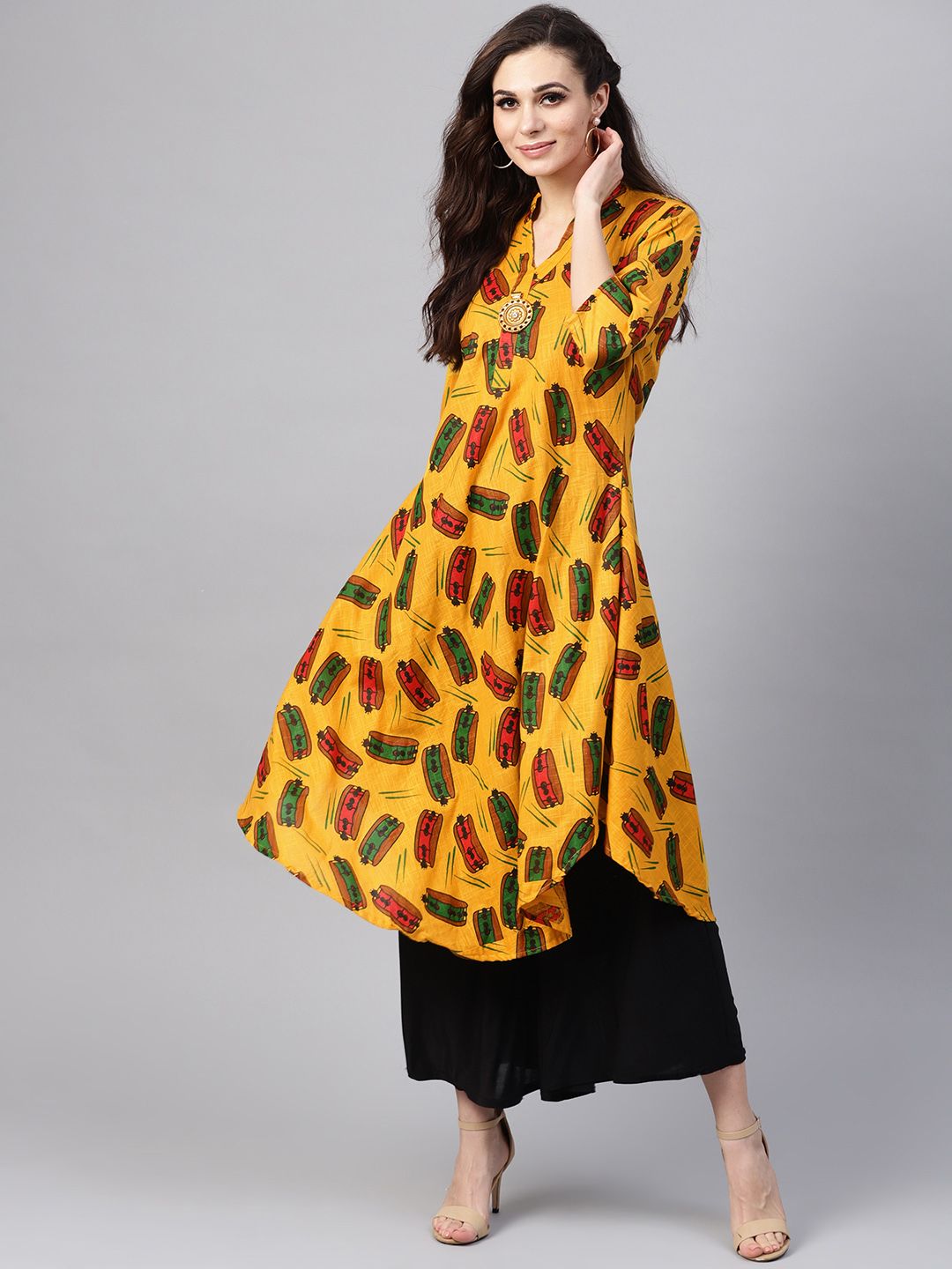 SOJANYA Kurta A-Line Bercetak Kuning & Merah