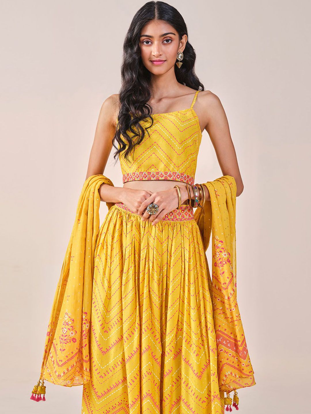 Global Desi Geometric Printed Sleeveless Top Skirt & Dupatta