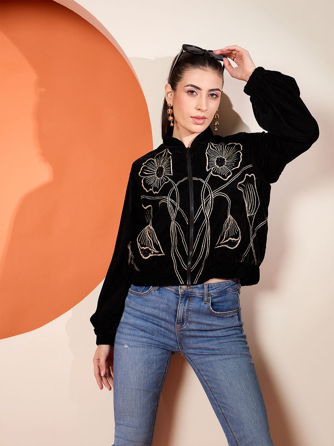 Antheaa Women Velvet Embroidered Bomber Jacket