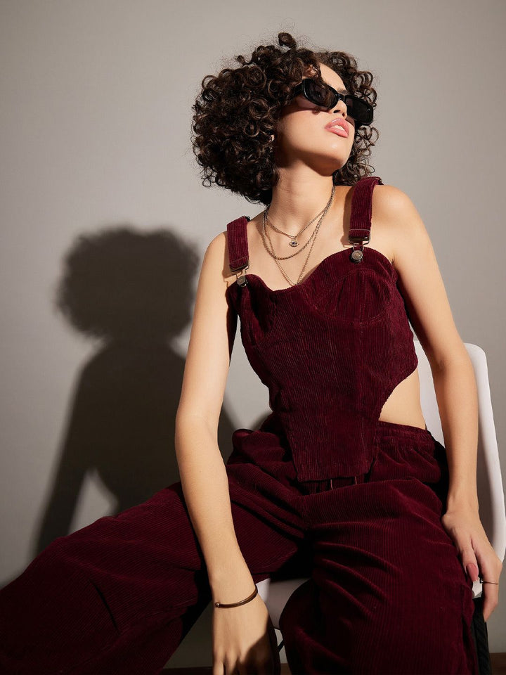 SASSAFRAS Maroon Shoulder Straps Corduroy Crop Fitted Top
