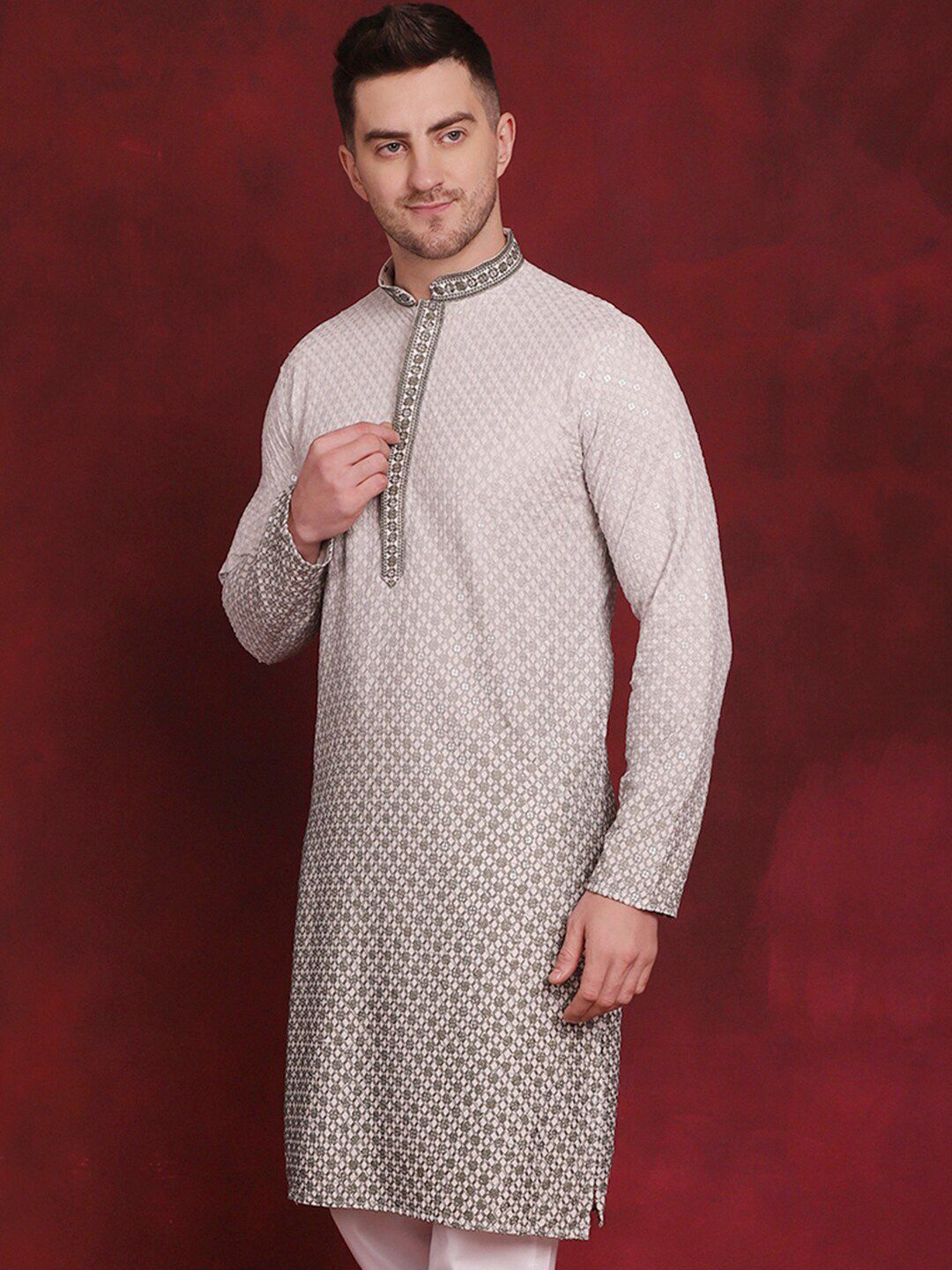 JOMPERS Geometric Collar Mandarin Collar Sequinned Straight Kurta