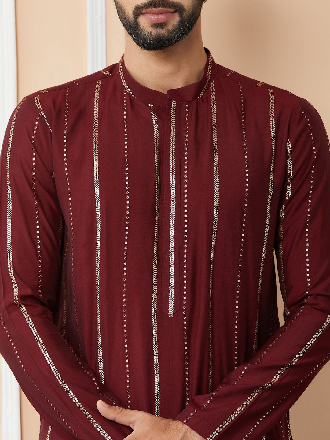 See Designs Striped Mandarin Collar Thread Work Straight Kurta With Trousers