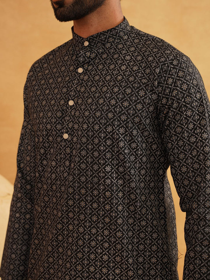 SOJANYA Floral Printed Band Collar Cotton Linen Kurta Lurus Dengan Churidar