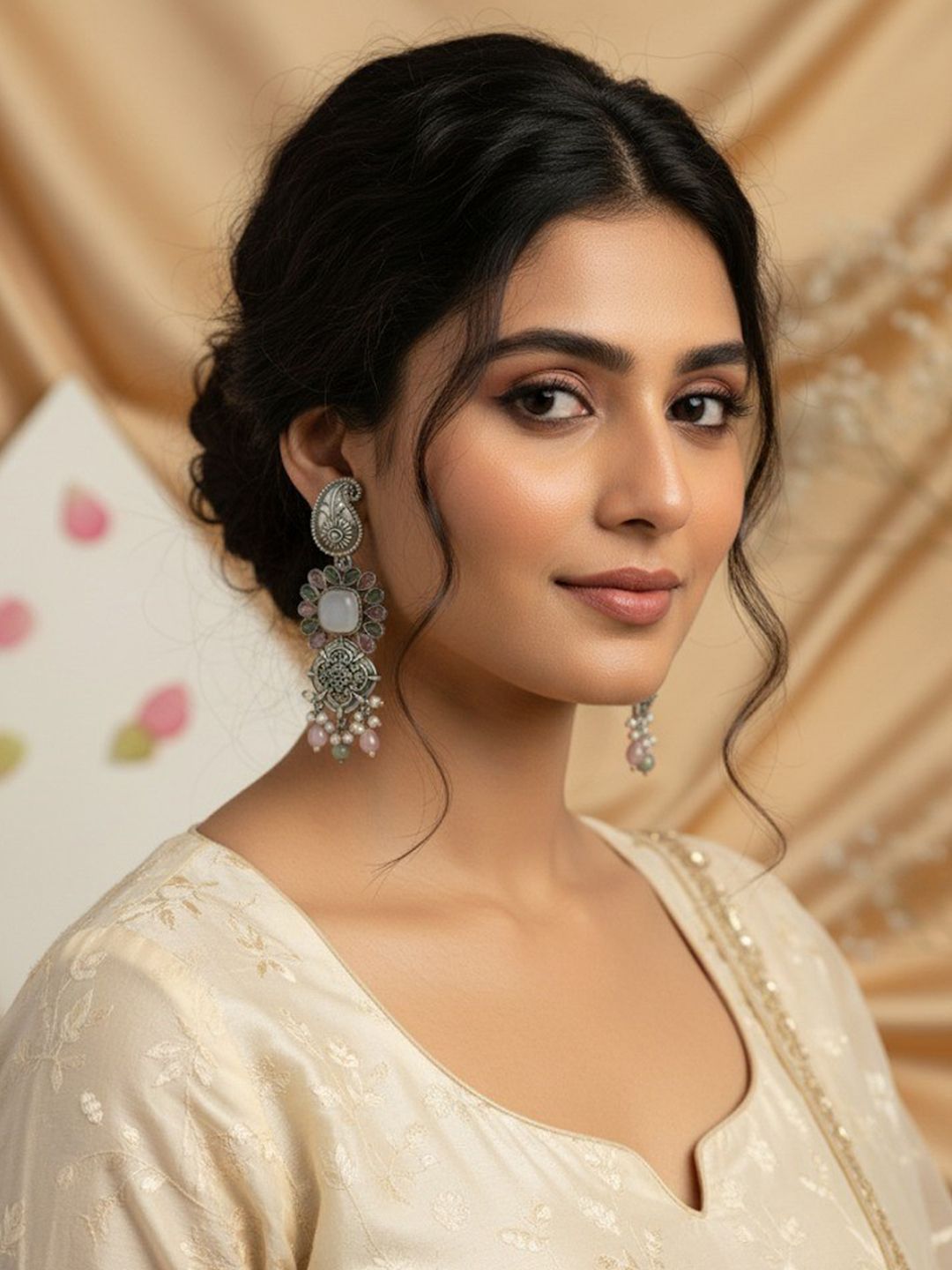 PANASH Artificial Stones Studded & Beaded Paisley Shaped Drop Earrings With Scented Candle