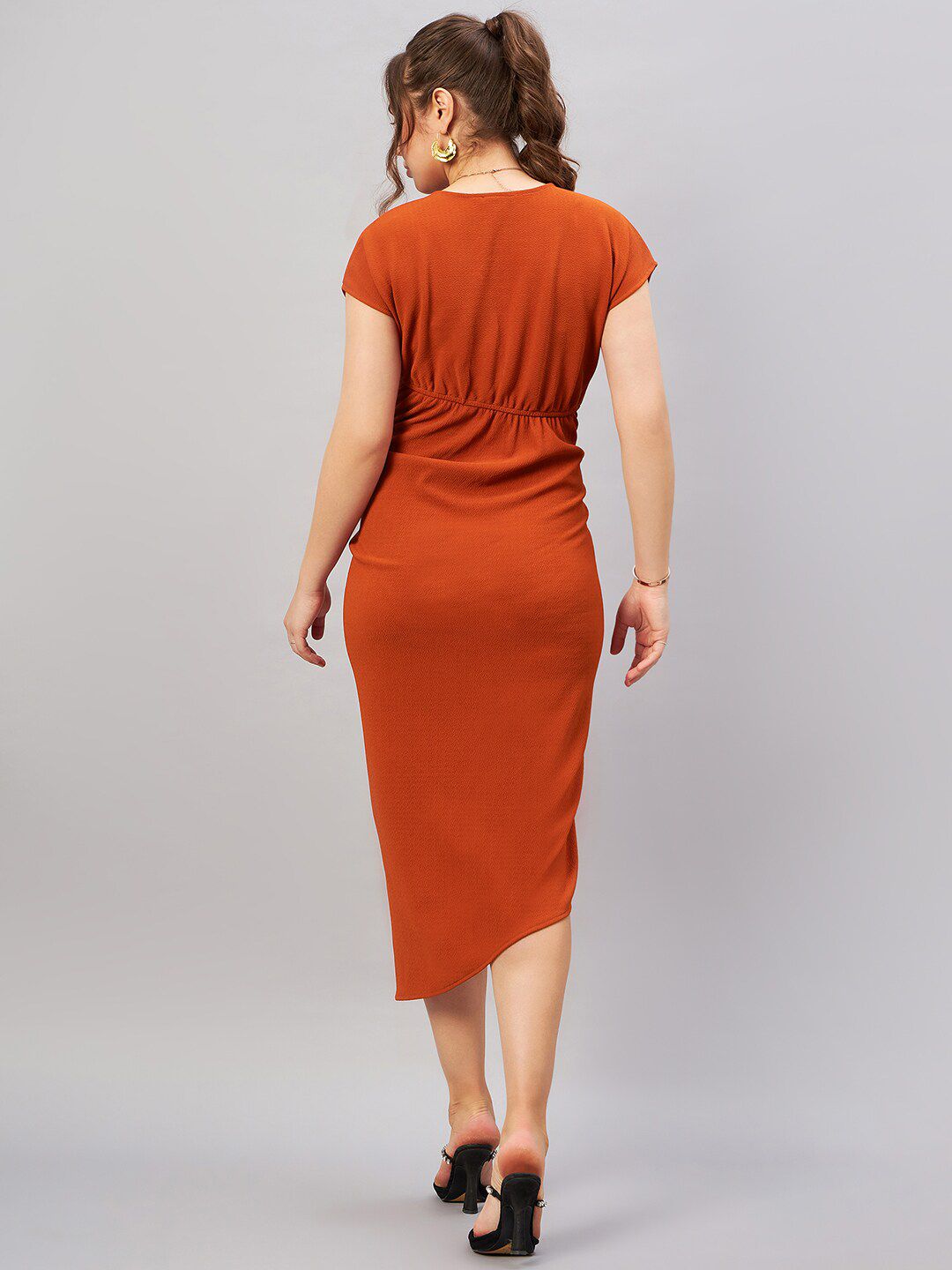 Antheaa Orange V-Neck Extended Sleeves Sheath Midi Dress