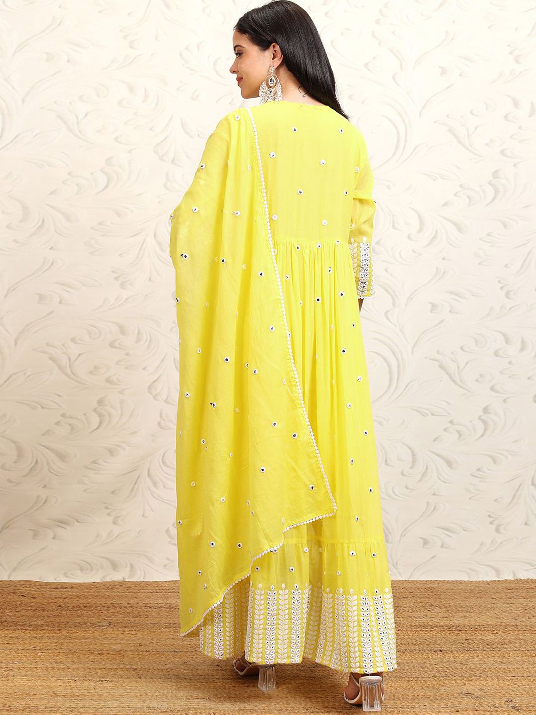 Vishudh Yellow Embroidered Mirror Work Pure Cotton Angrakha Kurta With Trousers & Dupatta