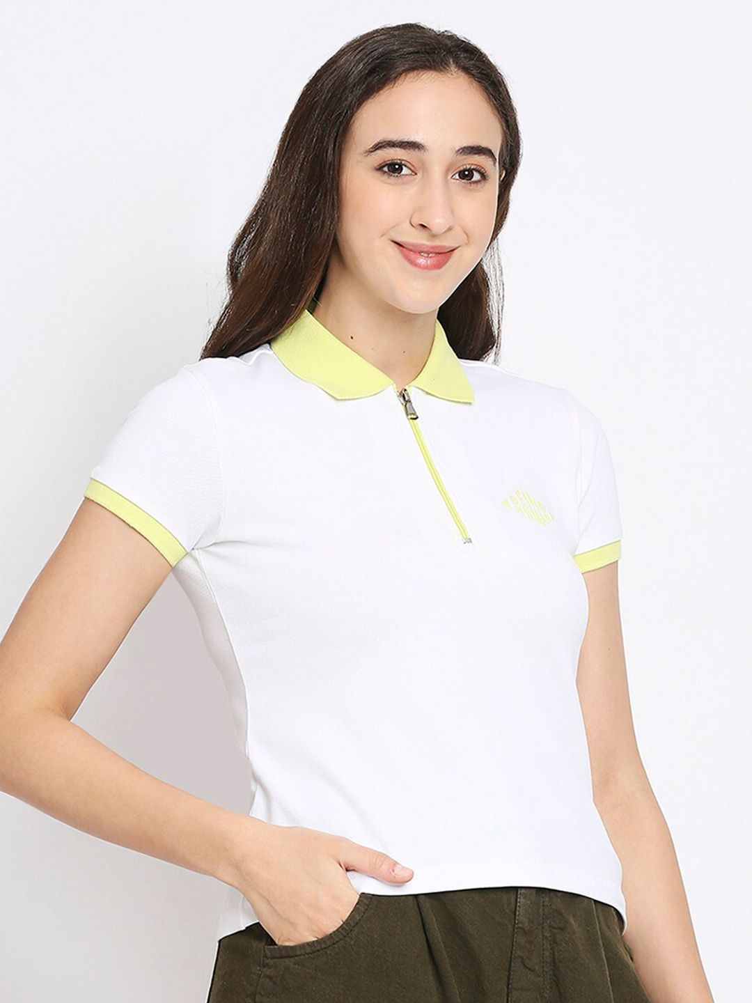 Being Human Women White & Yellow Solid Polo Collar  T-shirt