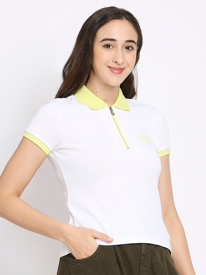 Being Human Women White & Yellow Solid Polo Collar  T-shirt