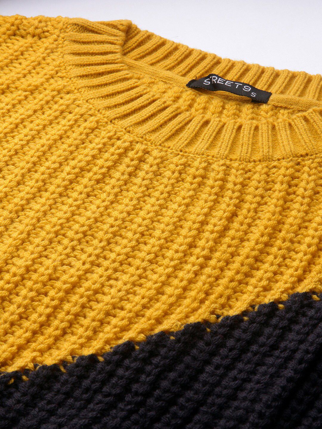 STREET 9 Women Yellow & Black Colourblocked Pullover Acrylic Sweater