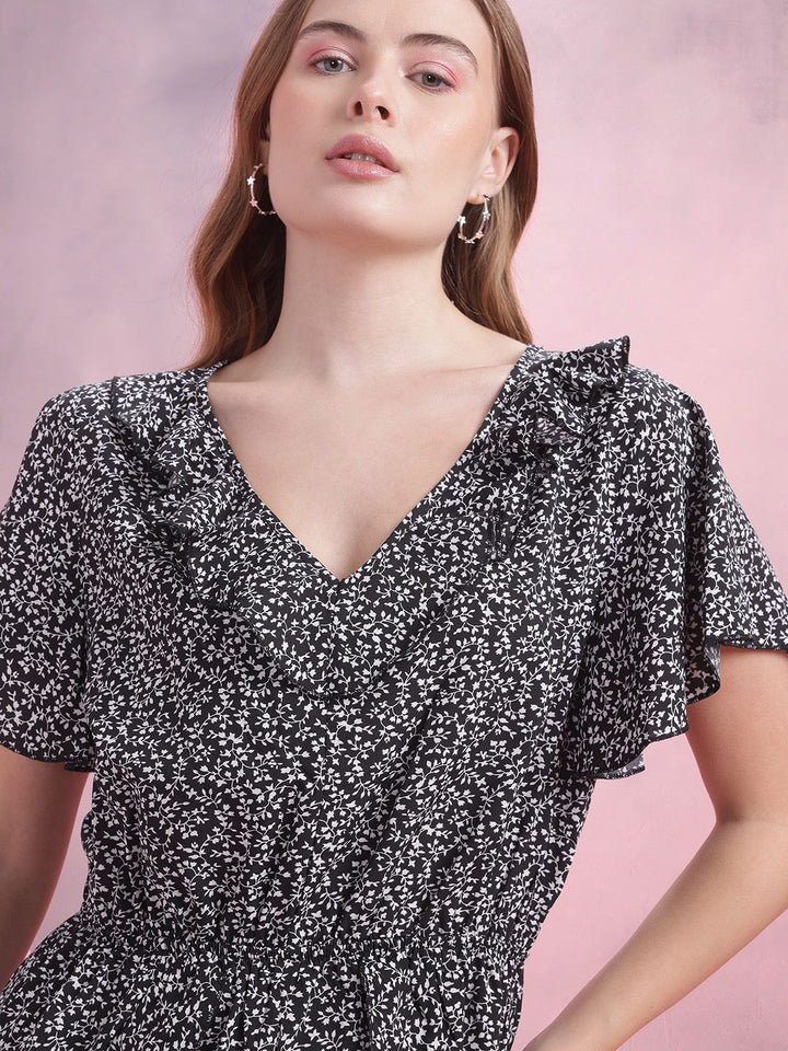 DressBerry Floral Printed Flared Sleeves Playsuit with Ruffled Detail