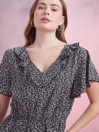 DressBerry Floral Printed Flared Sleeves Playsuit with Ruffled Detail