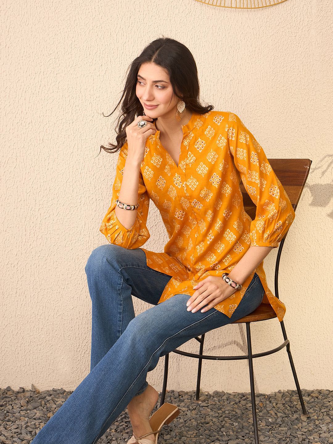 KALINI Floral Print Mandarin Collar Top