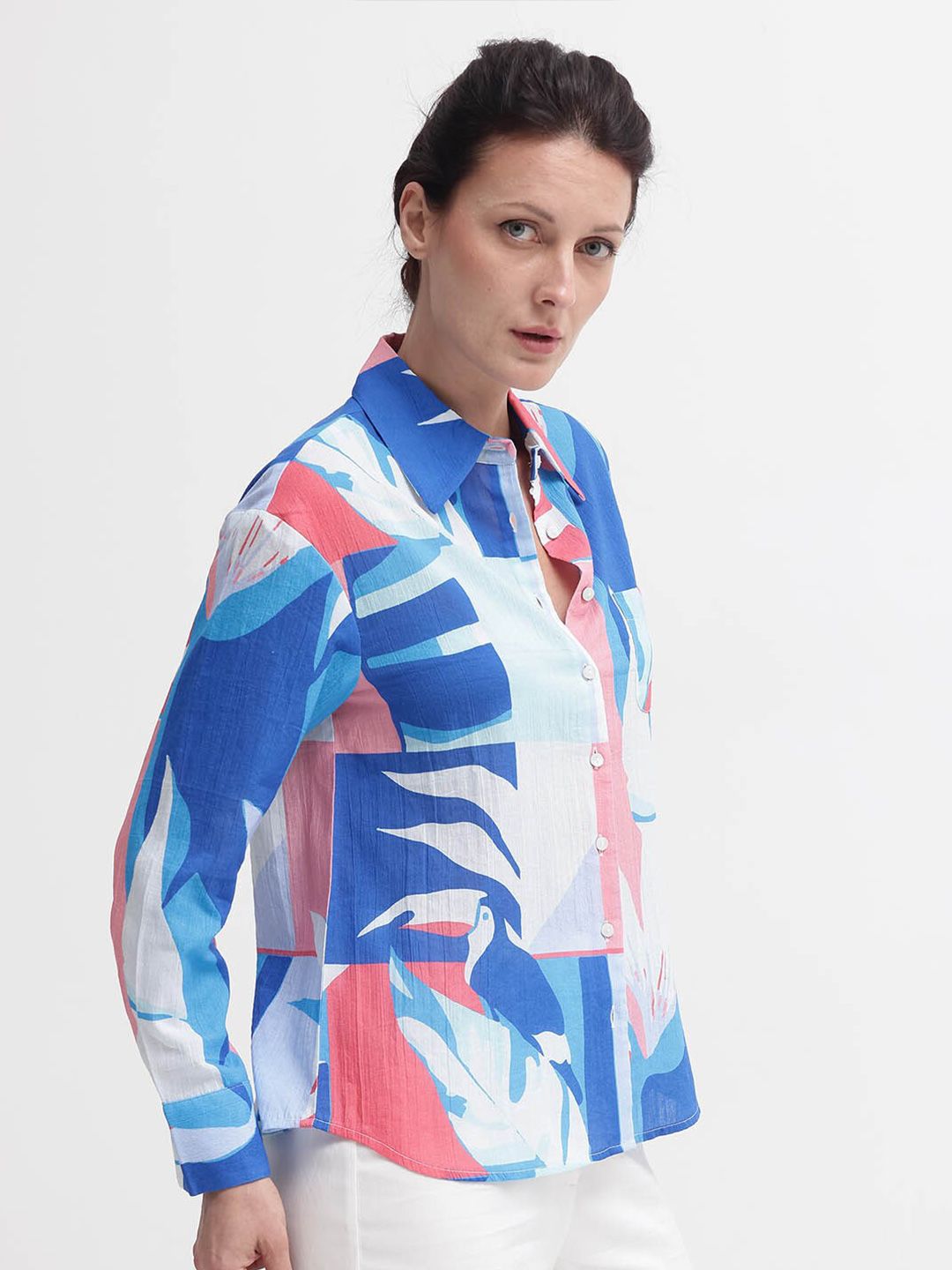 RAREISM Print Mandarin Collar Cotton Top