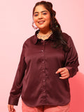 CURVY STREET Plus Size Burgundy Classic Satin Casual Shirt