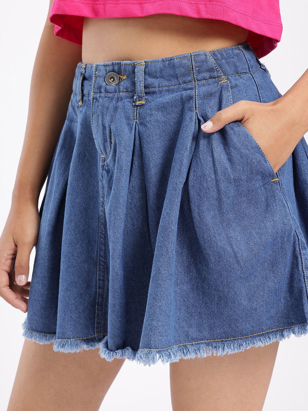 DressBerry Women Street Chic Pleated Flared Denim Mini Skirt