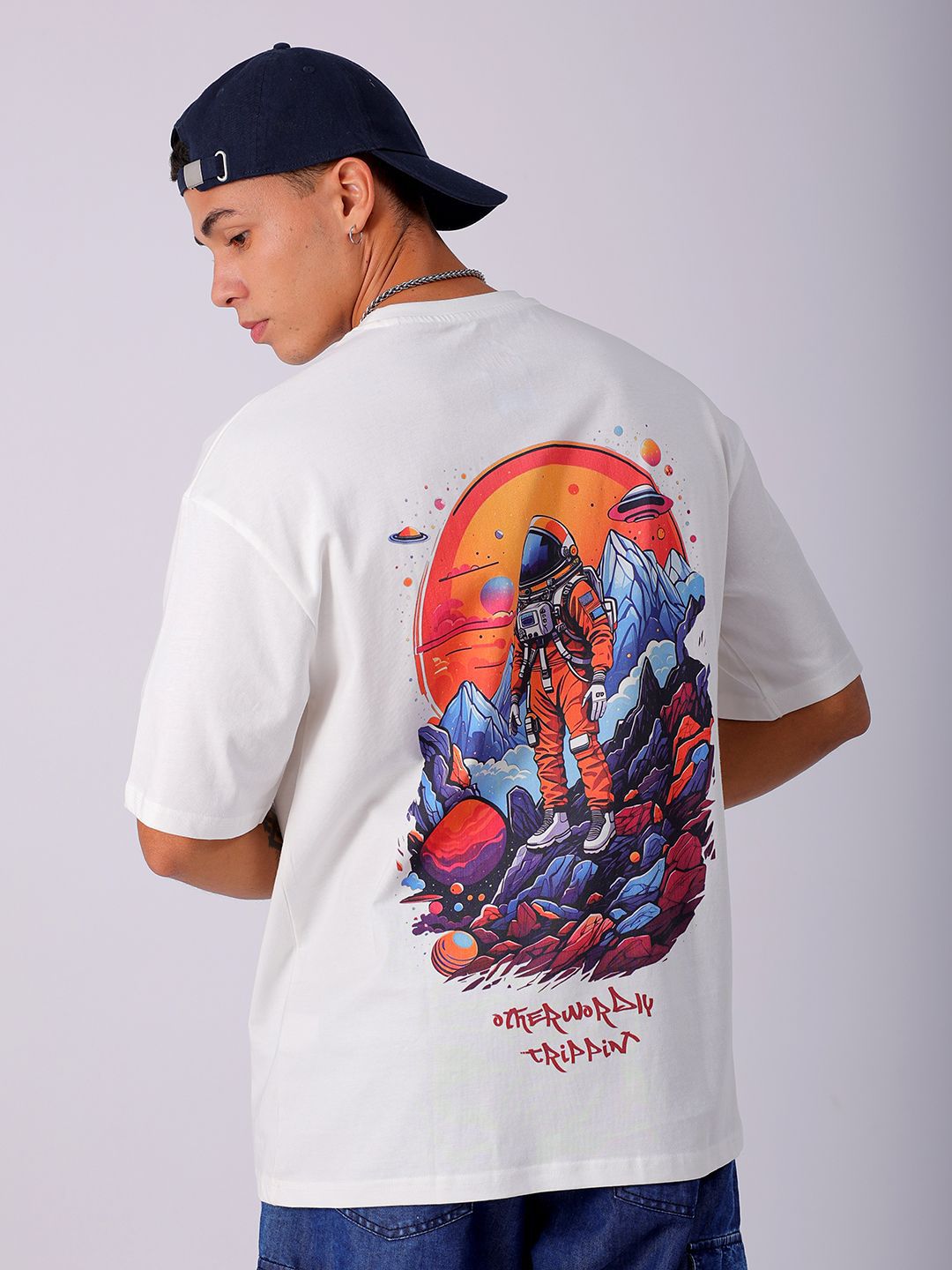 The Indian Garage Co Men Back Printed Boxy Oversized Round Neck Pure Cotton T-shirt