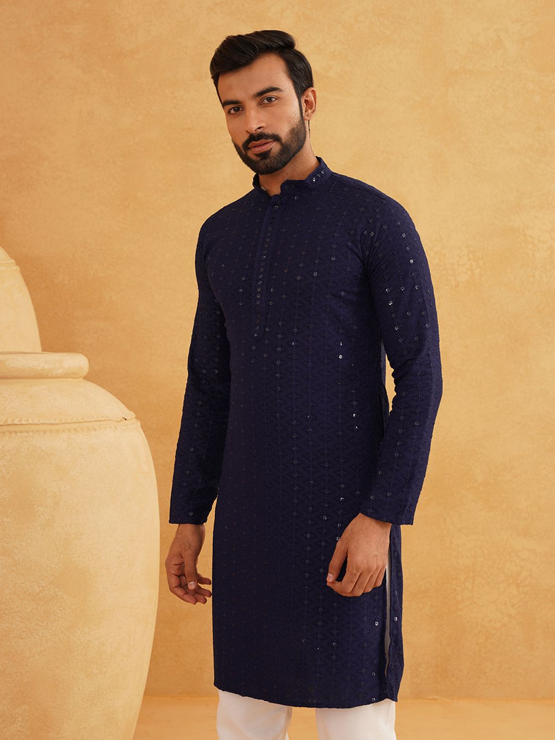 SOJANYA Embroidered Regular Sequinned Pure Cotton Kurta with Churidar