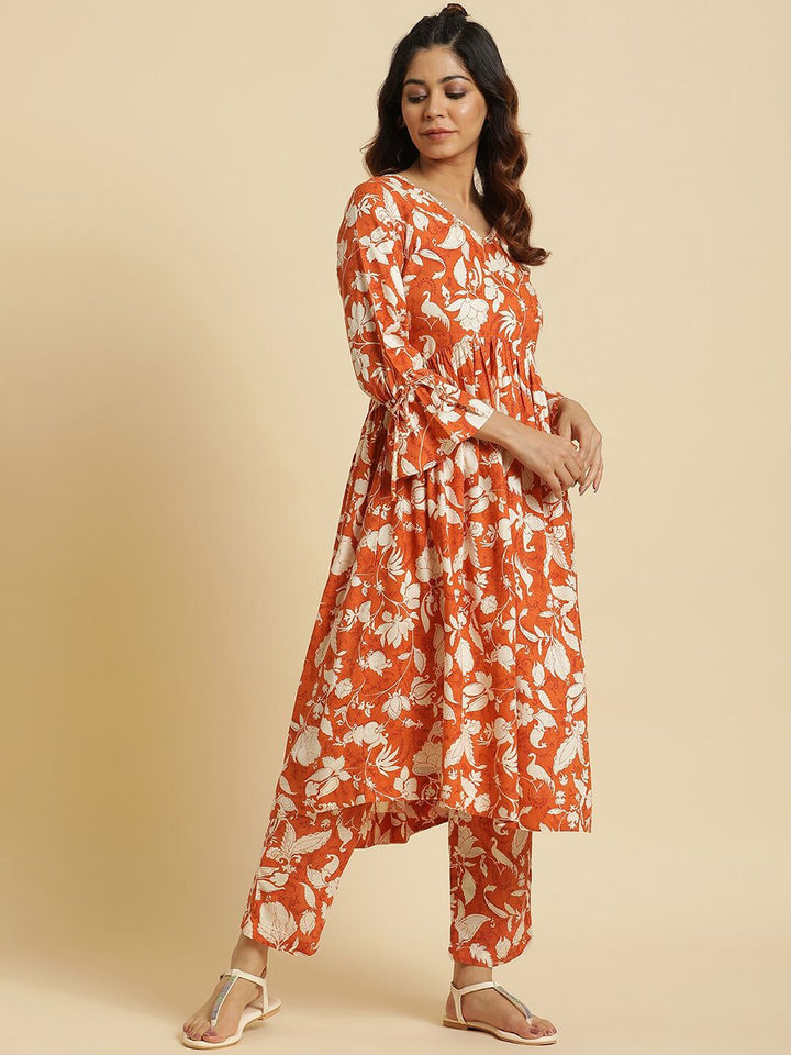 W Floral Printed V-Neck Empire Kurta with Trousers