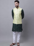 SOJANYA Motif Etnik Lelaki Sulam Kurta Kapas Tulen dengan Piyama & Jaket Nehru