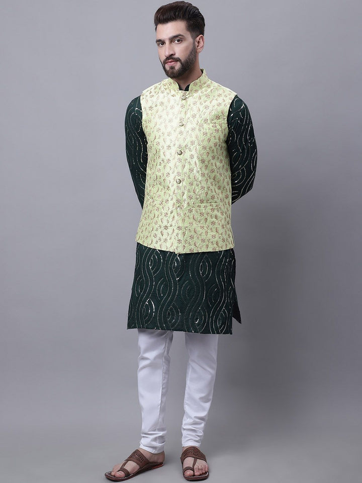 SOJANYA Men Ethnic Motifs Embroidered Pure Cotton Kurta with Pyjamas & Nehru Jacket