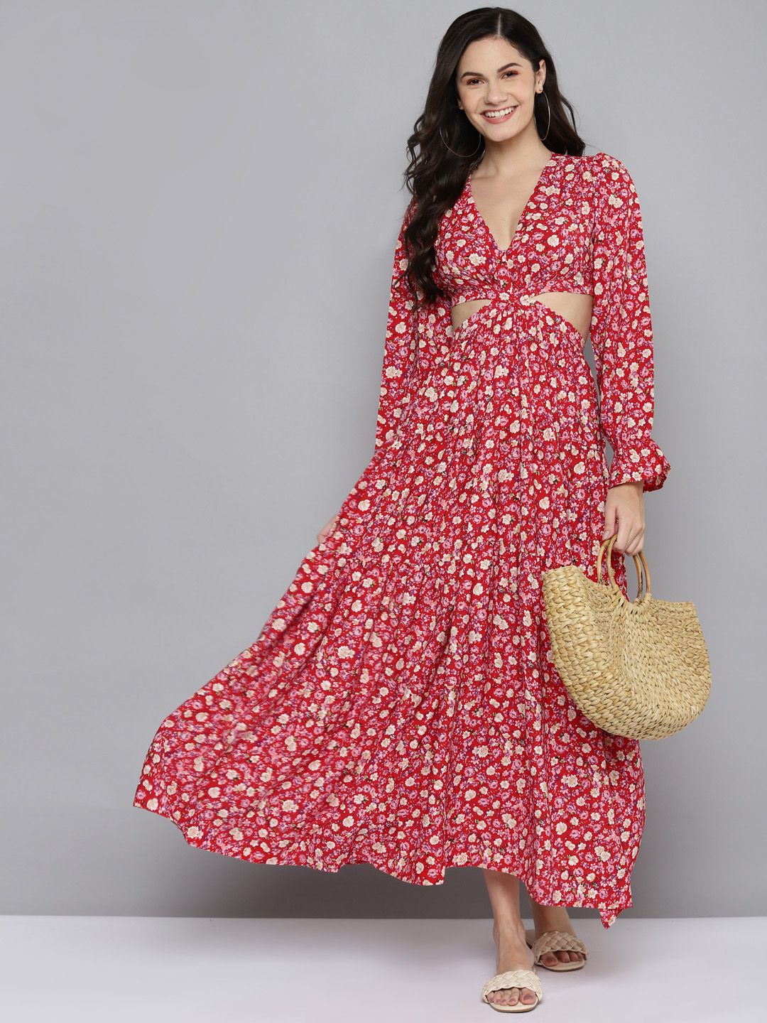 SASSAFRAS Red & Beige Floral Waist Cut-Out Maxi Dress
