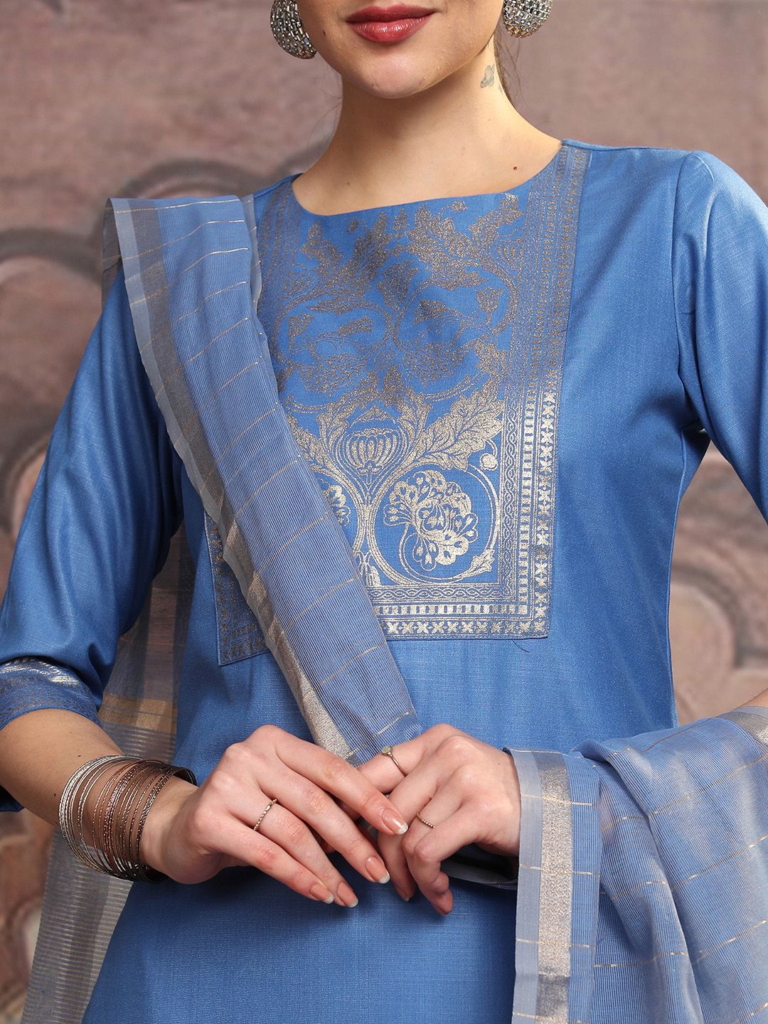 Vishudh Blue Ethnic Motifs Yoke Design Straight Kurta With Trousers & Dupatta