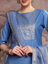 Vishudh Blue Ethnic Motifs Yoke Design Straight Kurta With Trousers & Dupatta