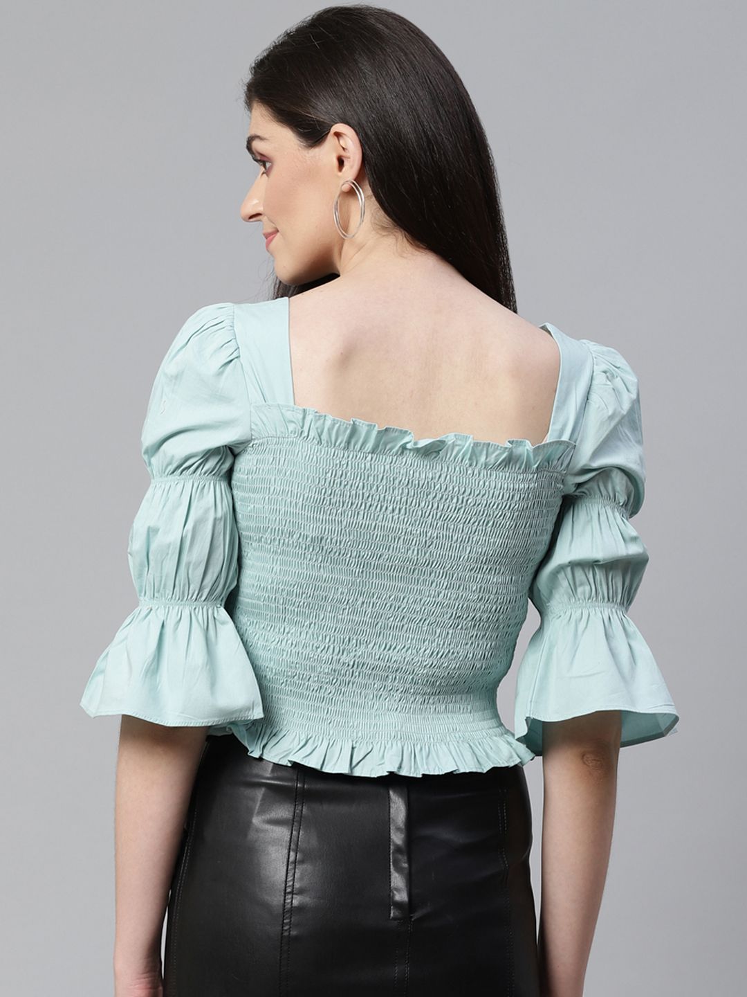STREET 9 Green Smocked Fitted Pure Cotton Top