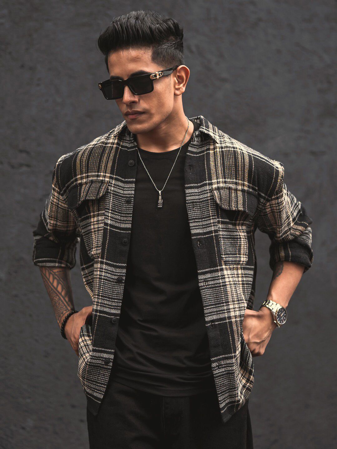 Powerlook Black India Slim Tartan Checked Oversized Casual Shirt