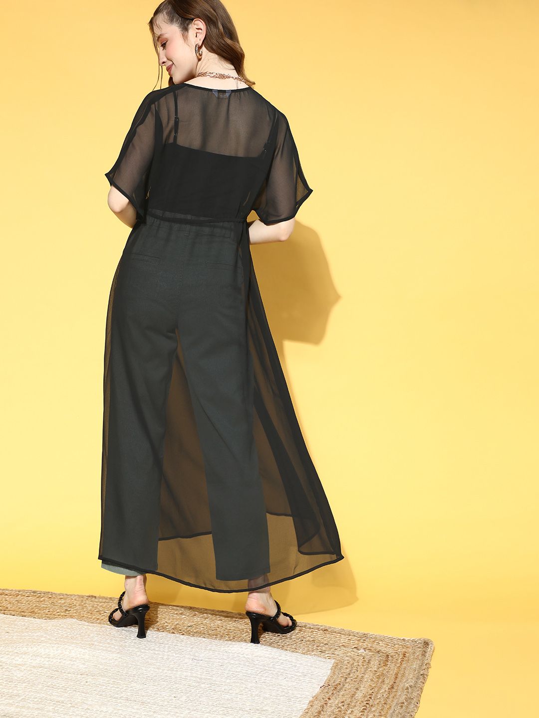 Berrylush Women Stylish Black Solid Sheer Shrug