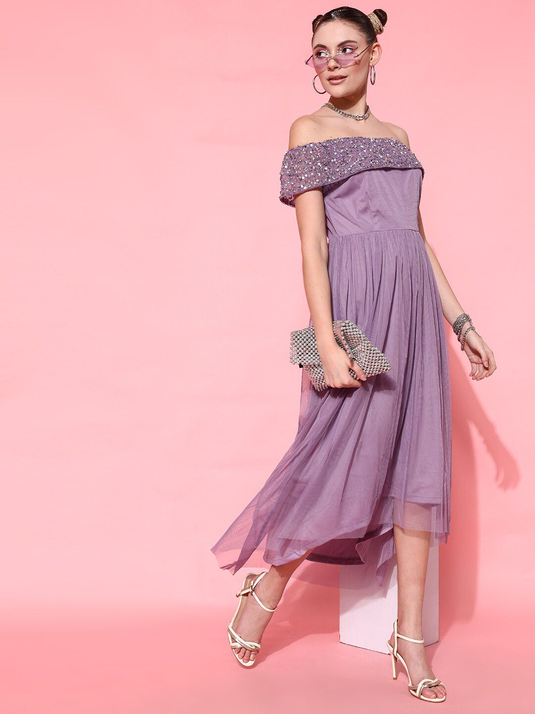 STREET 9 Women Lavender Solid Midi Dress