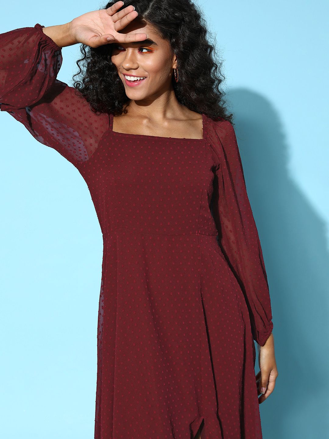 Berrylush Women Stunning Maroon Self-Design Peekaboo Bottom Dress