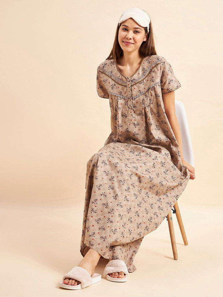 Sweet Dreams Brown Floral Printed Pure Cotton Maxi Nightdress