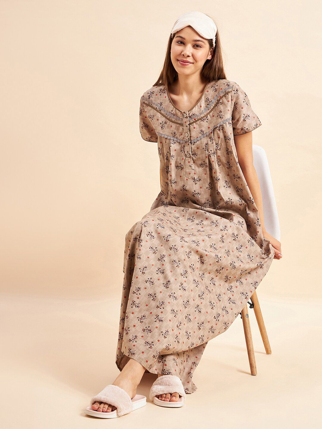 Sweet Dreams Brown Floral Printed Pure Cotton Maxi Nightdress