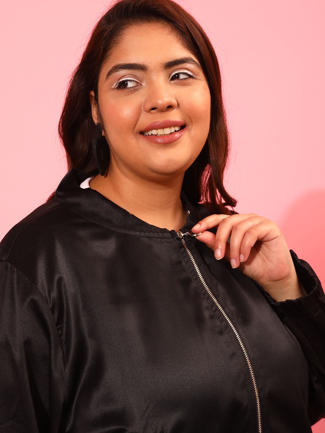CURVY STREET Women Black Crop Bomber Jacket