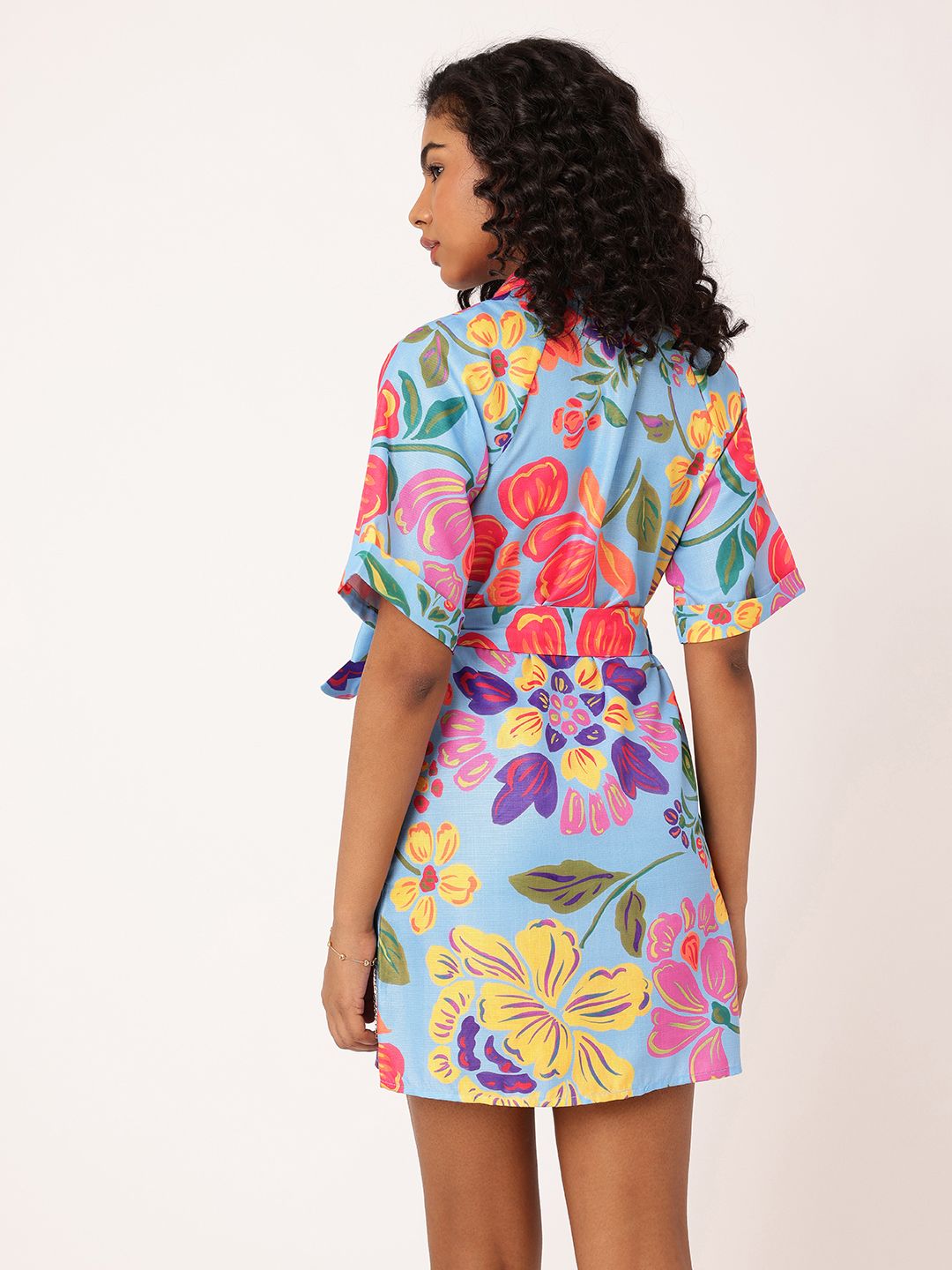 DressBerry Holiday Glam Floral Printed Shirt Style Mini Dress With Waist Tie-Up