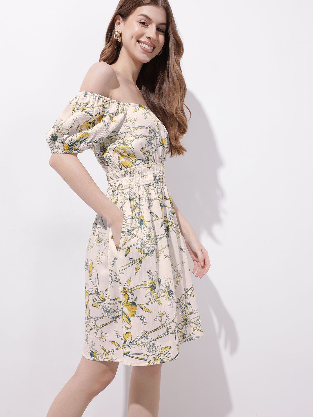 DressBerry Gleeful Spring Florals Bardot Fit & Flare Dress