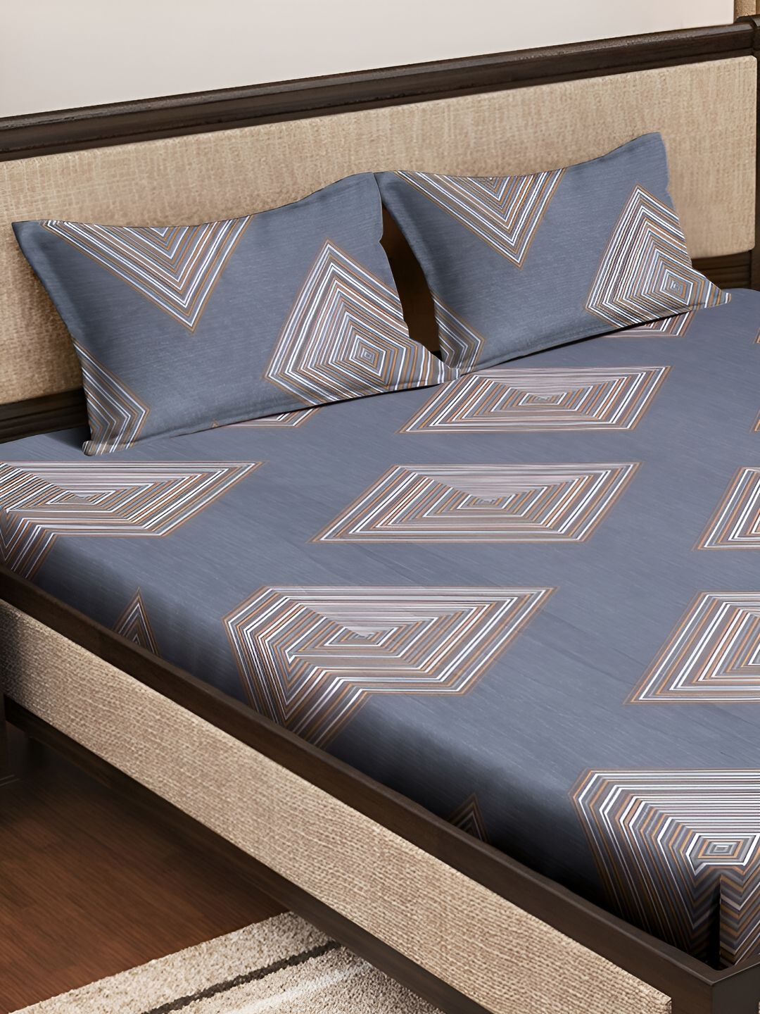 KLOTTHE Printed 300 TC Double Fitted Bedsheet with 2 Pillow Cover In Book Fold Packing