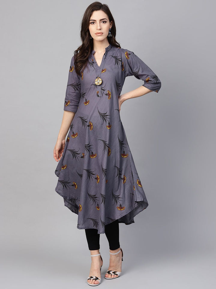 SOJANYA Kurta Bercetak A-Line Wanita Kelabu & Hitam