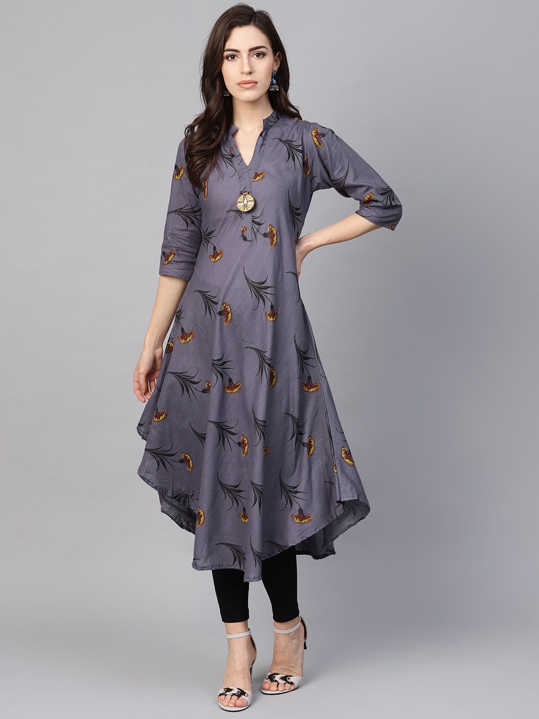 SOJANYA Kurta Bercetak A-Line Wanita Kelabu & Hitam