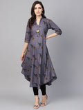 SOJANYA Kurta Bercetak A-Line Wanita Kelabu & Hitam