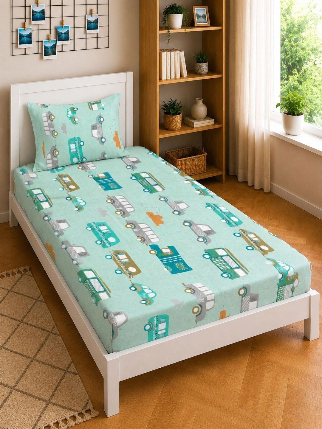 Moda Rapido X KLOTTHE Green Cartoon Characters 300 TC Single Bedsheet with 1 Pillow Covers