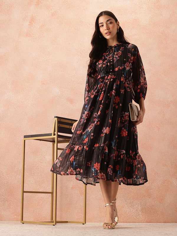 all about you Floral Print Tie-Up Neck Pleated Fit & Flare Midi Dress