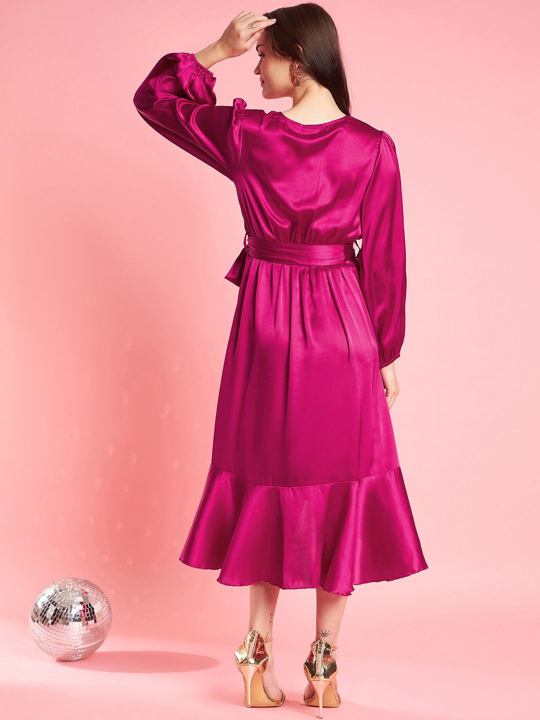 Antheaa Pink Puff Sleeve Layered Satin Wrap Midi Opaque Party Dress