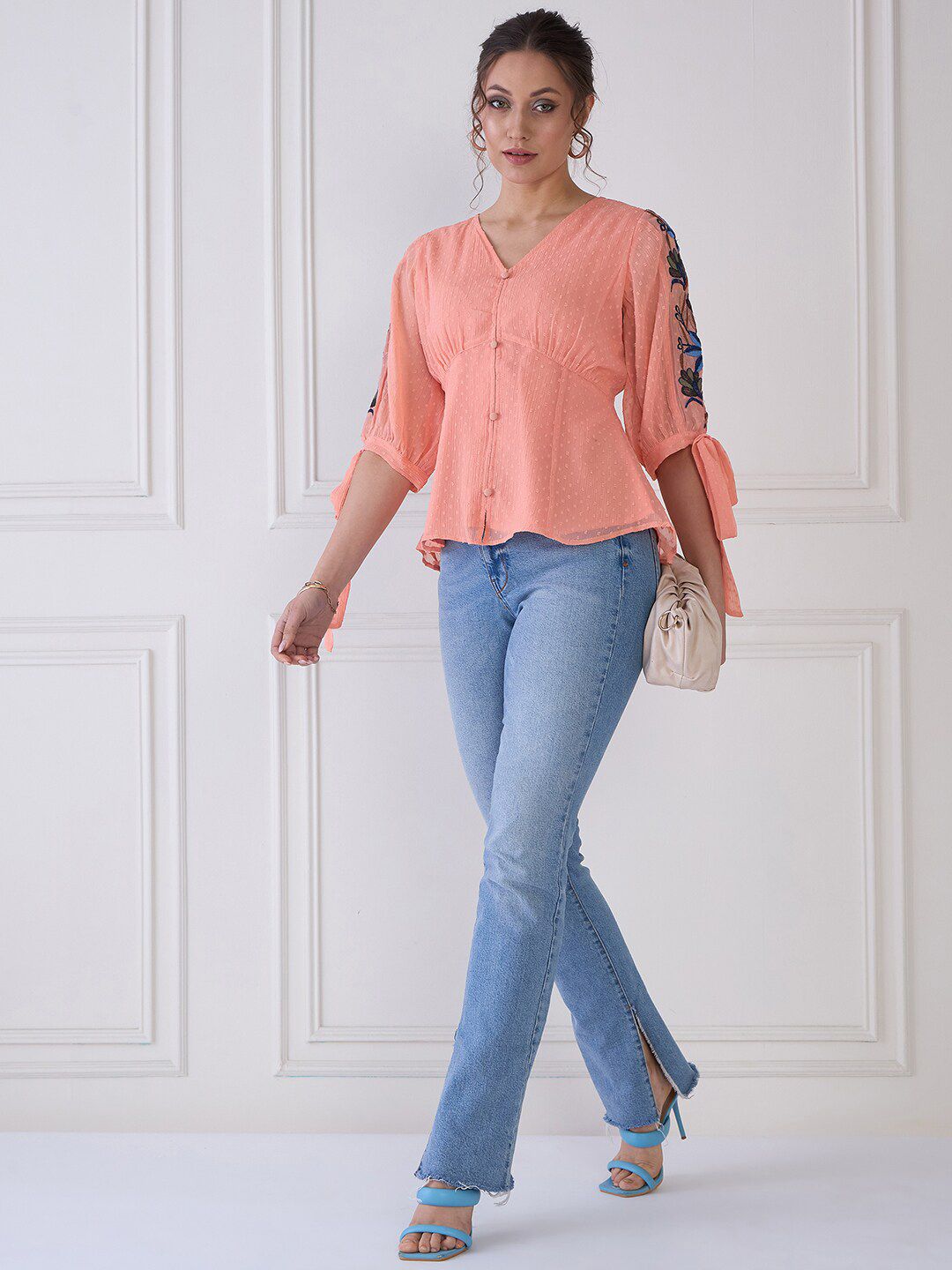 Antheaa Polka Dot Puff Sleeve V-Neck Chiffon Cinched Waist Top