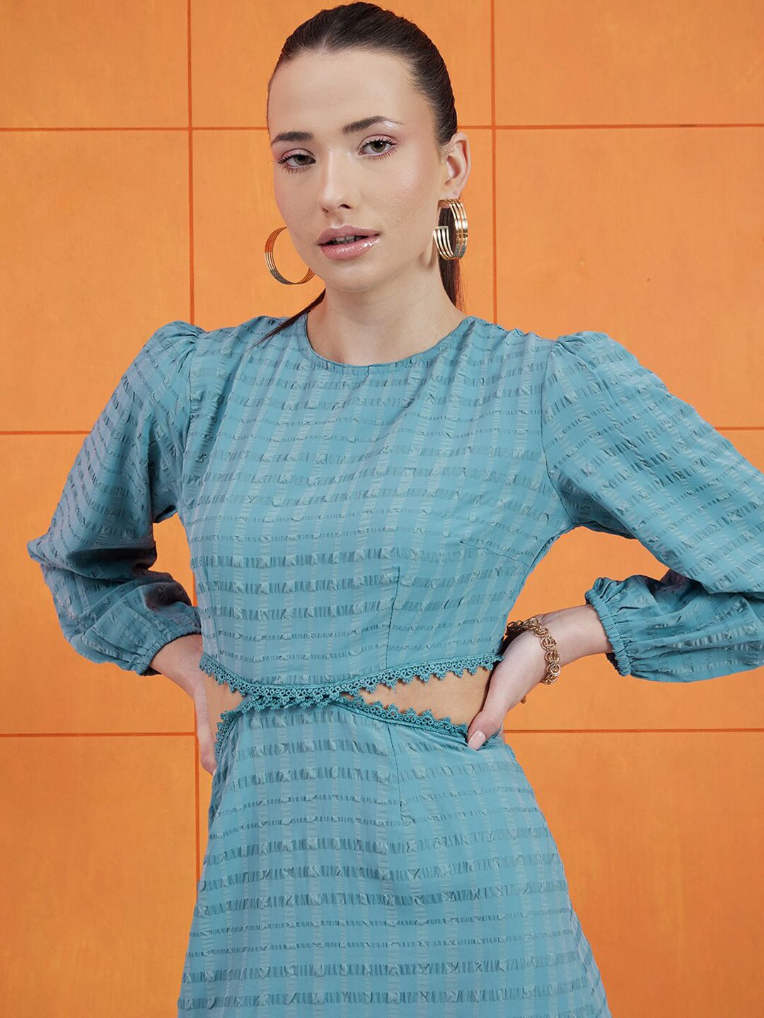 STREET 9 Self Design Round Neck Puff Sleeves Cut-Outs A-Line Dress
