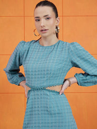 STREET 9 Self Design Round Neck Puff Sleeves Cut-Outs A-Line Dress
