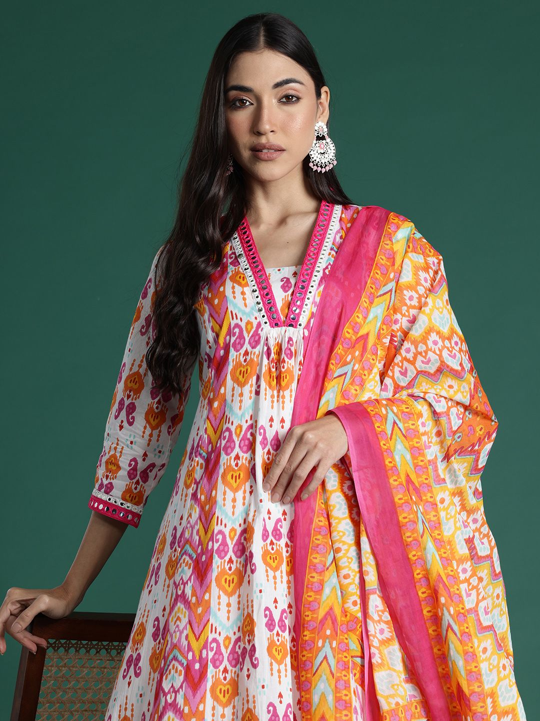 Indo Era Ethnic Motifs Printed Mirror Work Pure Cotton Kurta with Trousers & With Dupatta