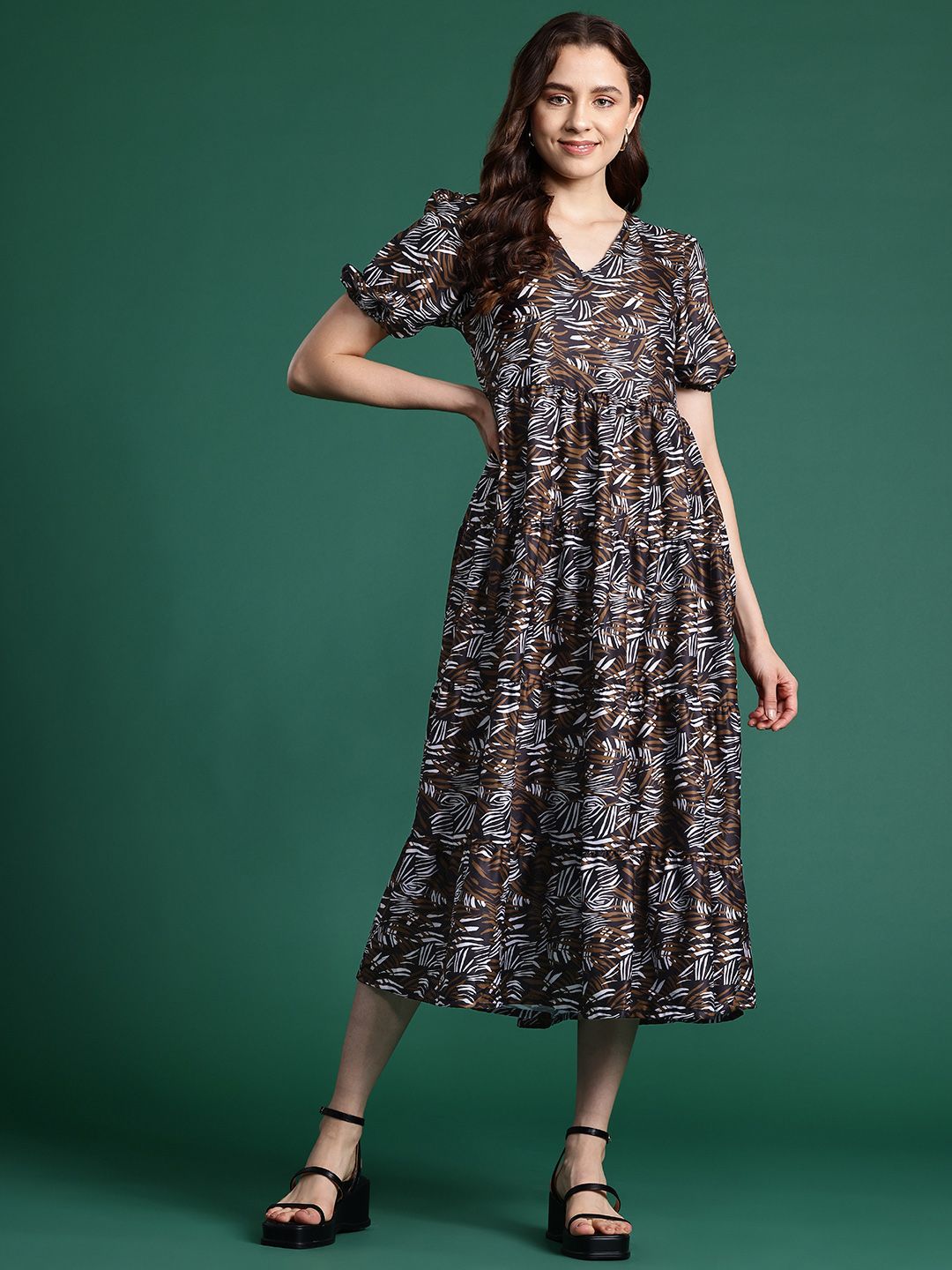 DressBerry Printed Fit & Flare Tiered Midi Dress