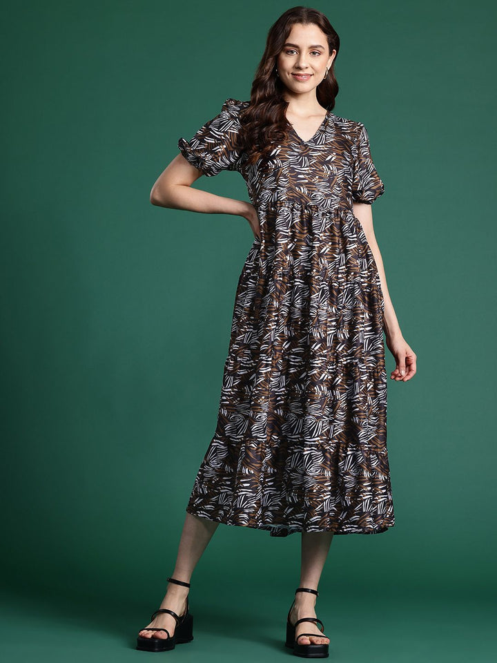 DressBerry Printed Fit & Flare Tiered Midi Dress